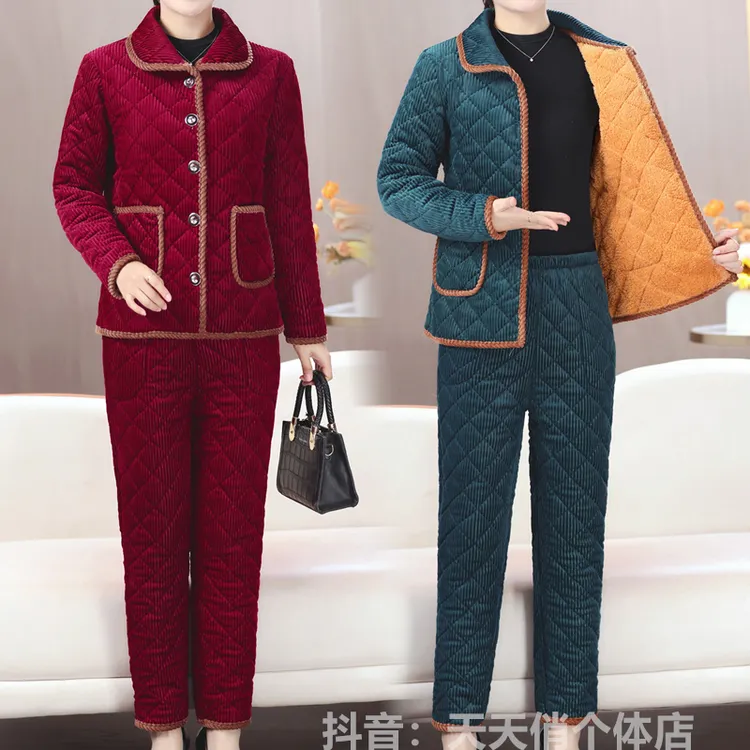 冬季新款棉衣棉裤两件套装女加绒加厚长袖妈妈装棉袄中老年家居服