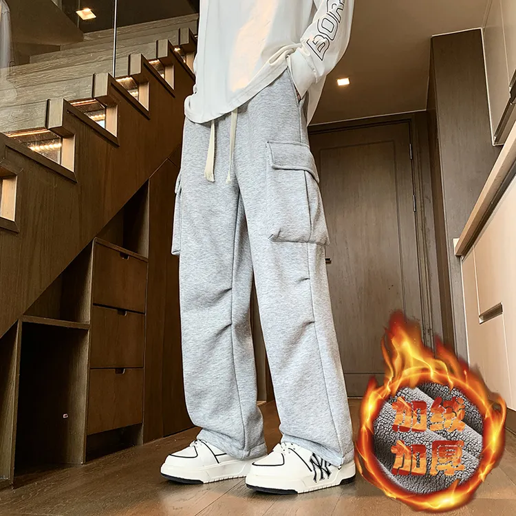 青少年秋冬季工装休闲长裤子男孩初中高中学生大童加绒厚直筒卫裤