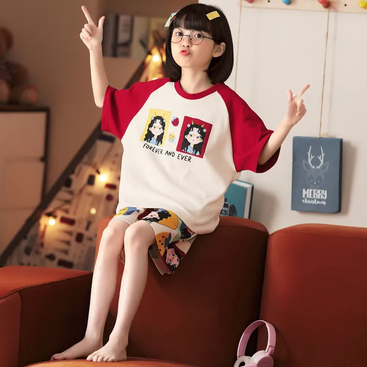 女童睡衣儿童夏季纯棉薄款短袖女孩卡通中大童外穿家居服学生套装