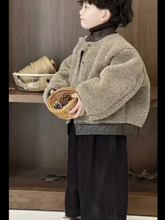 男童冬季毛毛衣棉服套装新款加绒加厚拼接外套加绒裤子两件套TX