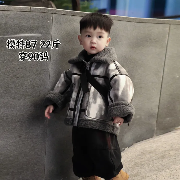 冬季男童外套加绒加厚一体帽子绒机车服英伦风保暖百搭韩版潮FY