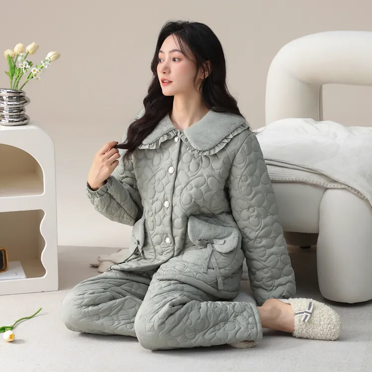 羽绒夹棉睡衣女款冬季2025新款加绒加厚三层珊瑚绒保暖家居服套装