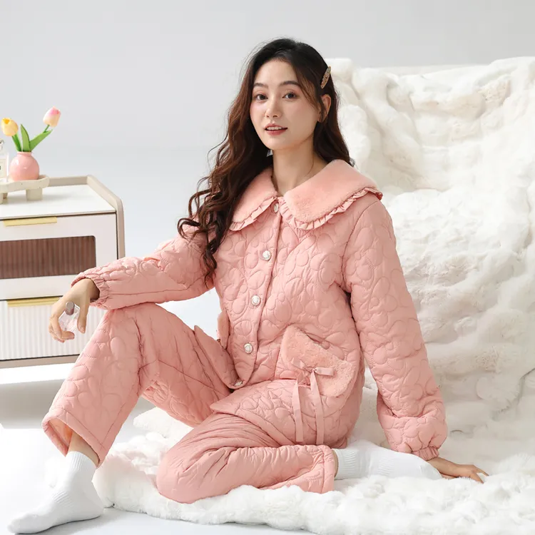 羽绒夹棉睡衣女款冬季2026新款加绒加厚三层珊瑚绒保暖家居服套装