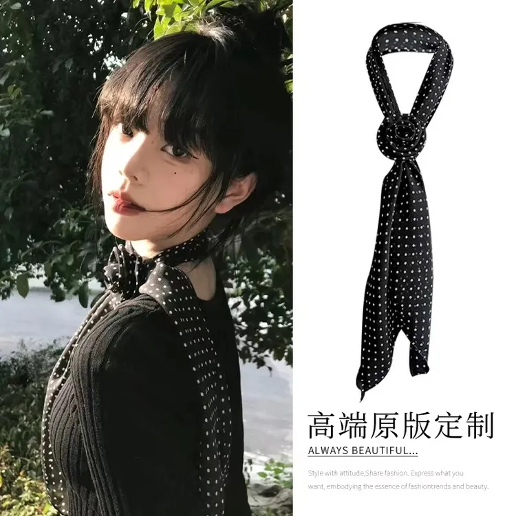 非金属布艺项链 波点丝巾高级设计感百搭玫瑰花围脖黑色系脖飘带