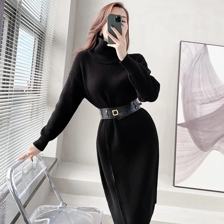 秋冬季新款女连衣裙时尚洋气减龄宽松高领长袖气质百搭黑色毛衣裙