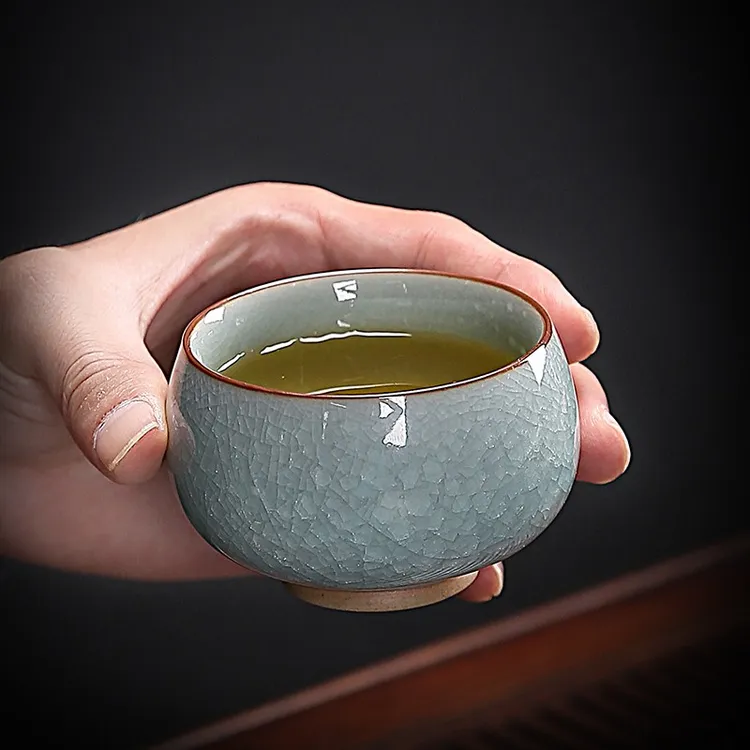 金镶玉主人杯仿汝窑茶杯送礼礼盒装星稀冰花汝窑罗汉杯高档超裂杯