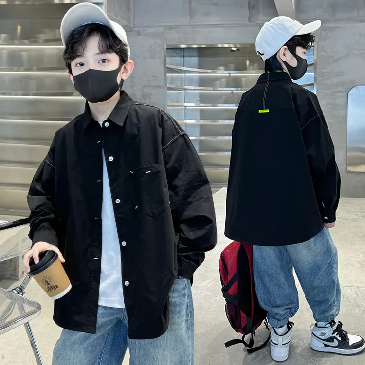 儿童衬衫2025春秋新款白色黑宽松大码男童衬衣纯色翻领中大童秋装