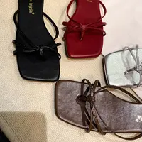 苏茵茵同款 法式方头高跟鞋2025夏季款细带粗跟平底凉拖鞋女真皮