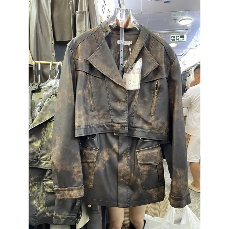 十三行秋季小众设计感扎染短款气质皮夹克外套＋高腰短裙两件套装