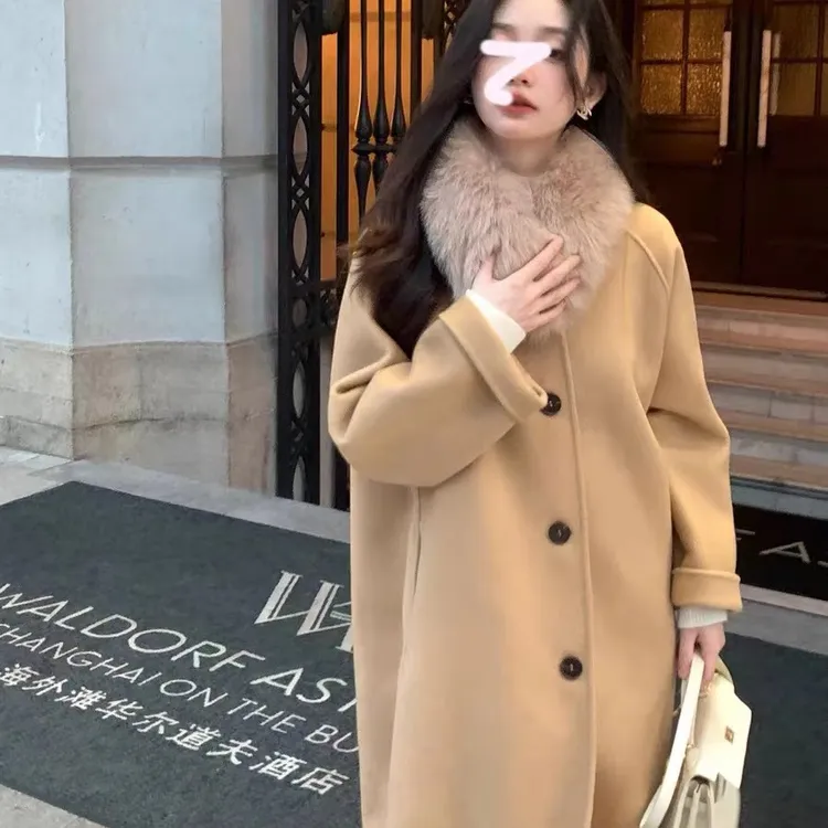 【米米】秋冬双面呢100绵羊毛大衣+狐狸毛领毛呢外套宽松【瑞士雪夜】