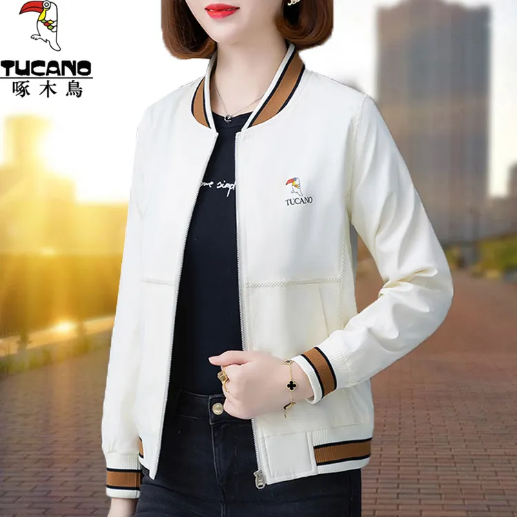 啄木鸟长袖棒球服夹克立领外套女士2024新款春秋中年妈妈外穿上衣