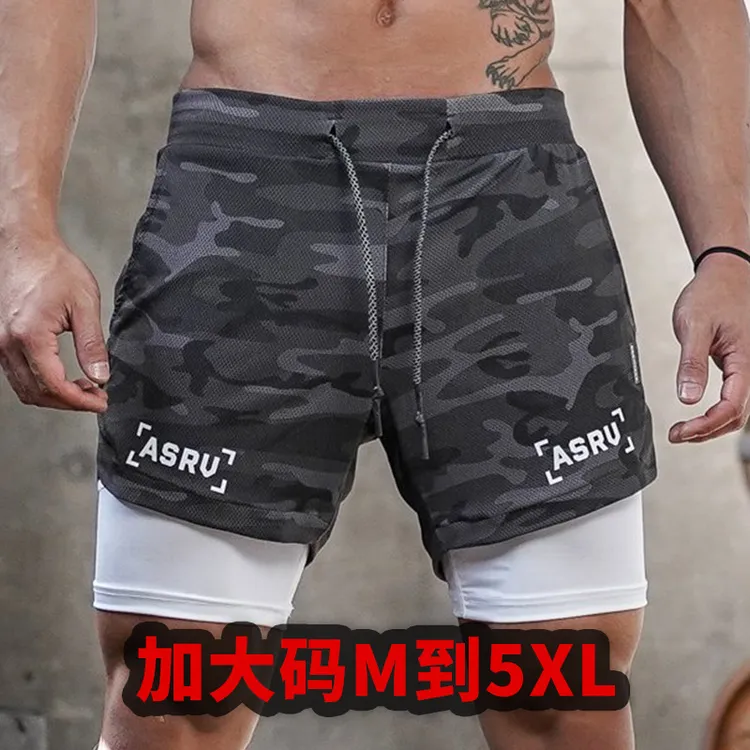 ASRV夏季新款男士假两件运动短裤大码双层速干透气训练健身迷彩
