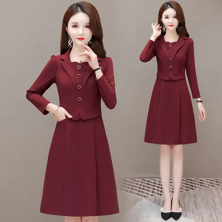 5020春季新款假两件长袖连衣裙女时尚洋气收腰显瘦中长款a字裙子