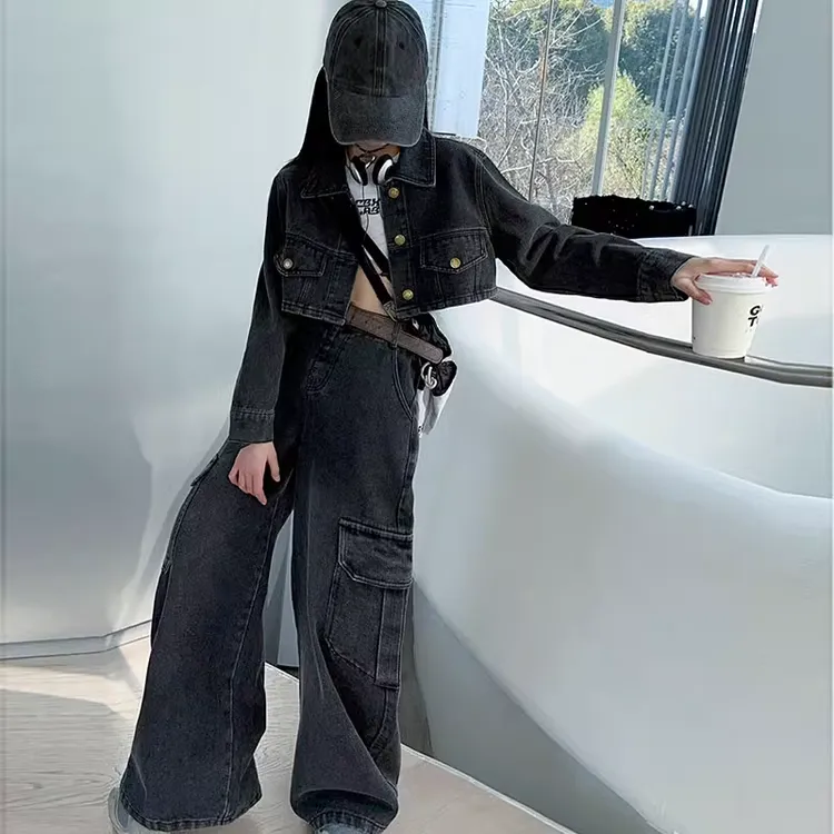 女童春秋牛仔套装2025新款童装长裤外套两件拖地裤子女孩洋气潮牌