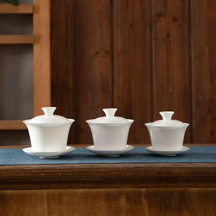 潮州高骨瓷马蹄盖碗特薄胎凤凰单丛茶备简约纯白三才泡茶碗茶具