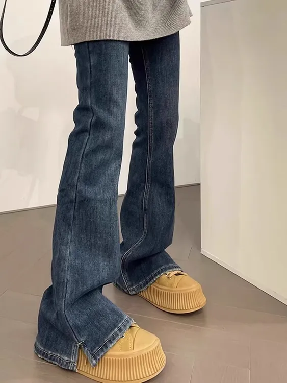美式微喇牛仔裤女2025春季新款高腰显瘦开叉马蹄裤小个子喇叭裤潮