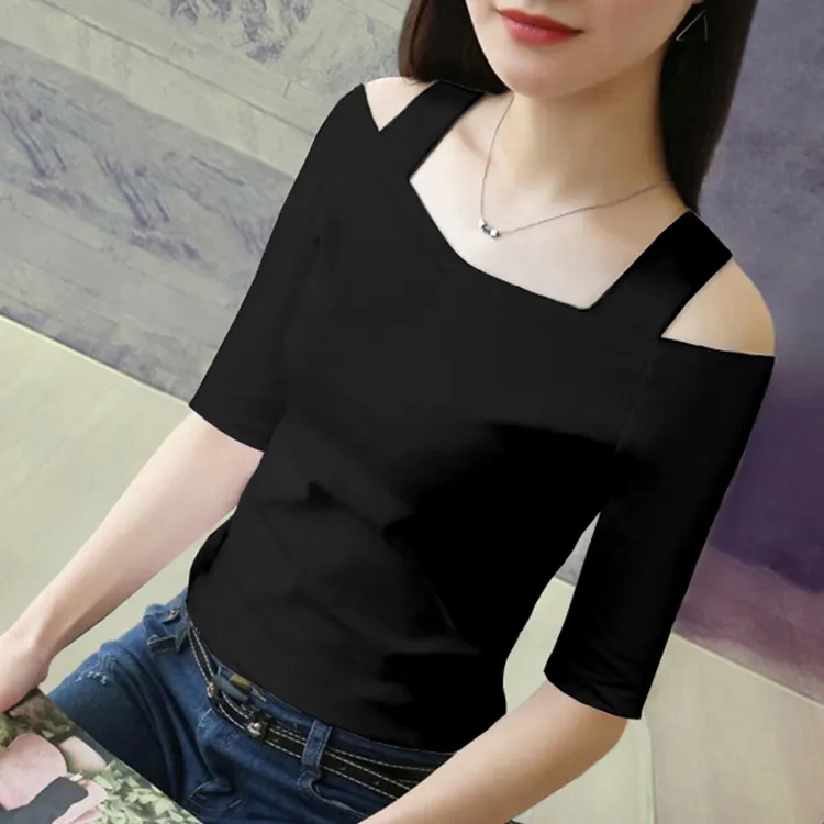 露肩t恤女短袖2025年新款夏季修身V领简约内搭打底衫中袖上衣