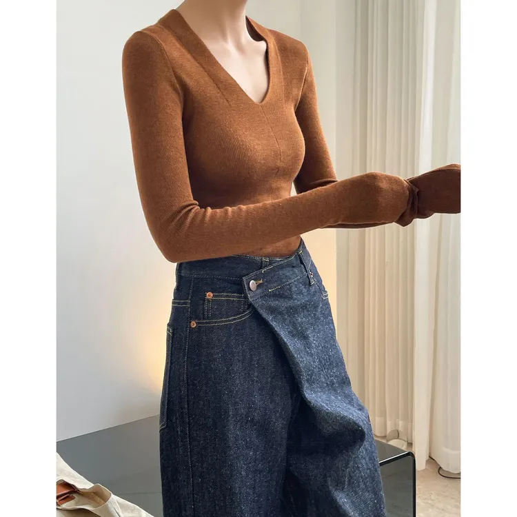 2025咖色爆款辣妹V领打底衫女春季新款基础款内搭长袖修身显瘦上