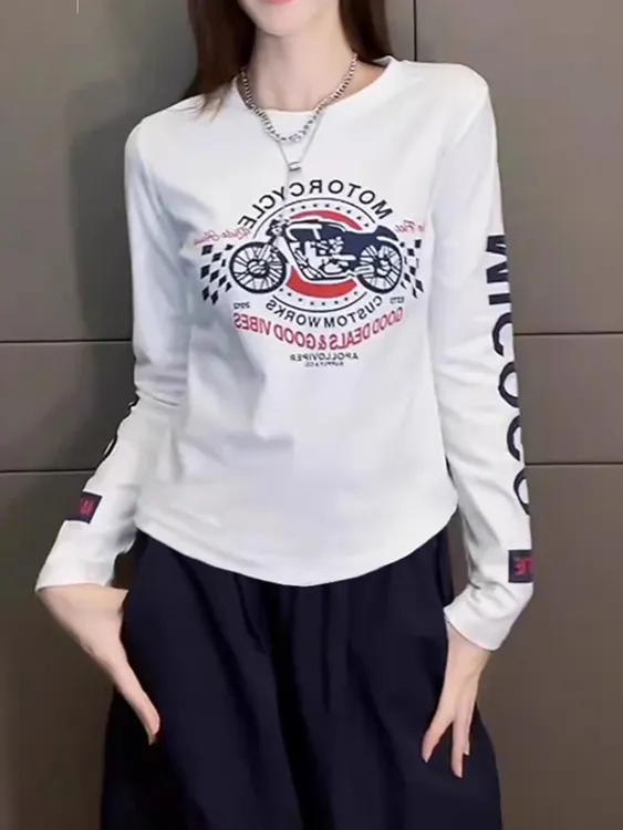 欧货正肩打底衫女2025新款秋季大码内搭长袖T恤印花休闲宽松