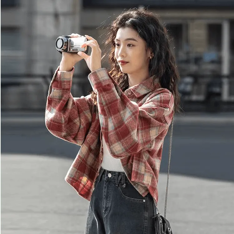 复古磨毛宽松2025格子早春新款小个子短款长袖外套衬衫衬衣20