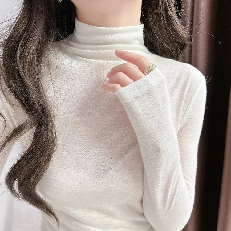 白色半高领超薄打底衫女爆款2025新款春秋装微透内搭长袖t恤2