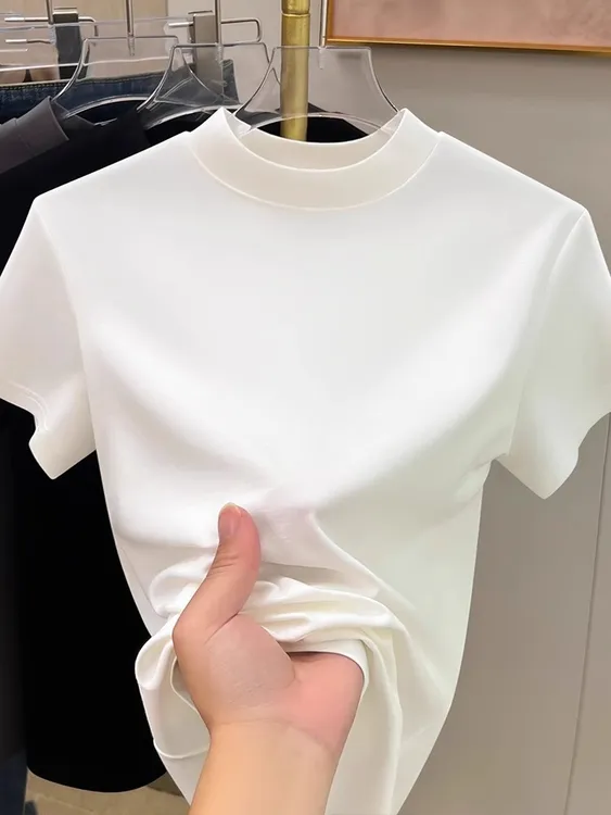 2025罗马半高领白色短袖T恤女春夏季修身高端体恤打底衫垂感上衣2