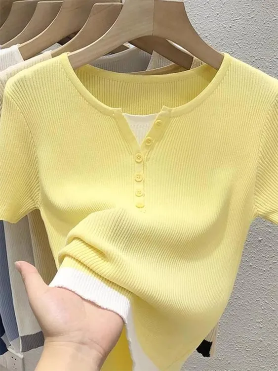 假两件针织短袖T恤女夏季时尚韩版薄款多巴胺穿搭黄色上衣202