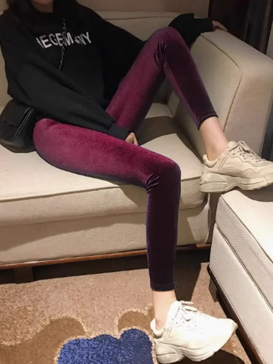 安可拉红复古丝绒打底裤女外穿高腰显瘦加绒保暖紧身弹力小脚