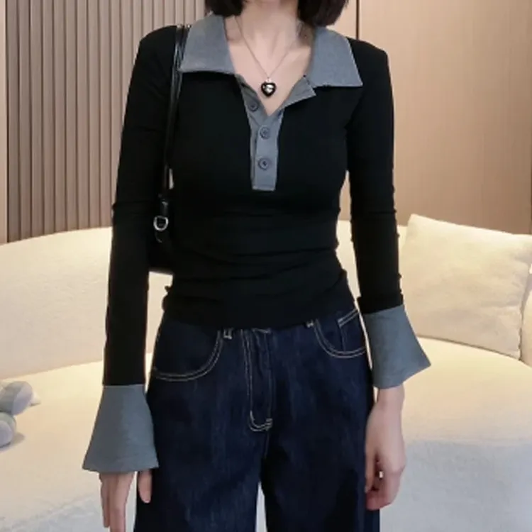 设计感撞色纽扣polo领长袖T恤女秋冬修身内搭外穿喇叭袖打底