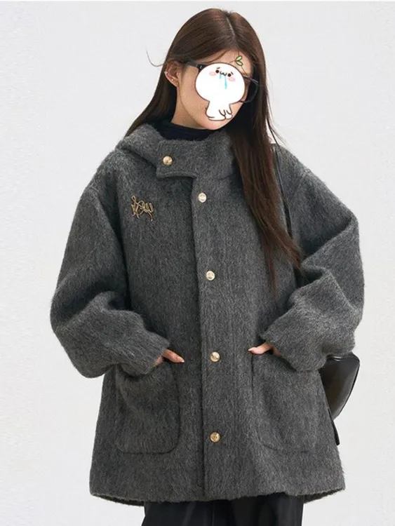 高级感灰色连帽短款毛呢外套女2025新款秋冬宽松显瘦小个子大衣