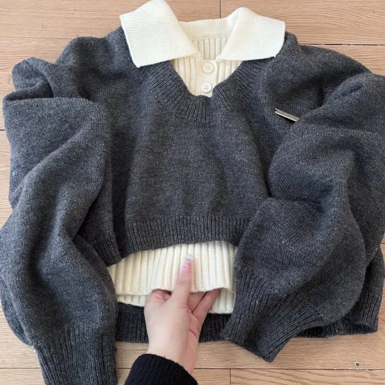 学院风短款POLO领毛衣女秋冬季内搭设计感两件套针织上衣2025新款