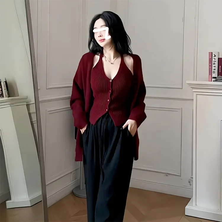 大码入秋搭配一整套毛衣女针织开衫外套背心内搭显瘦裤子胖妹妹