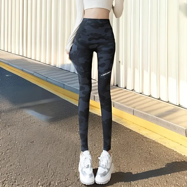 秋新款迷彩鲨鱼裤九分女薄款无尴尬瑜伽运动紧身裤高腰口袋打底裤