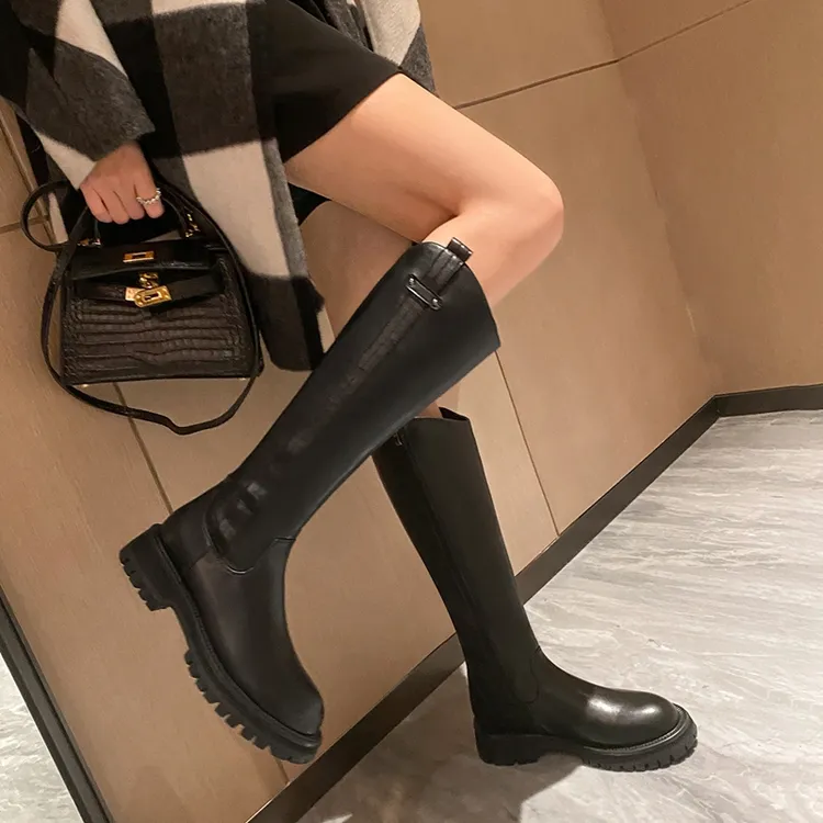 ZHR拉链厚底骑士靴长筒靴女2024新款冬季百搭英伦风圆头皮靴女鞋