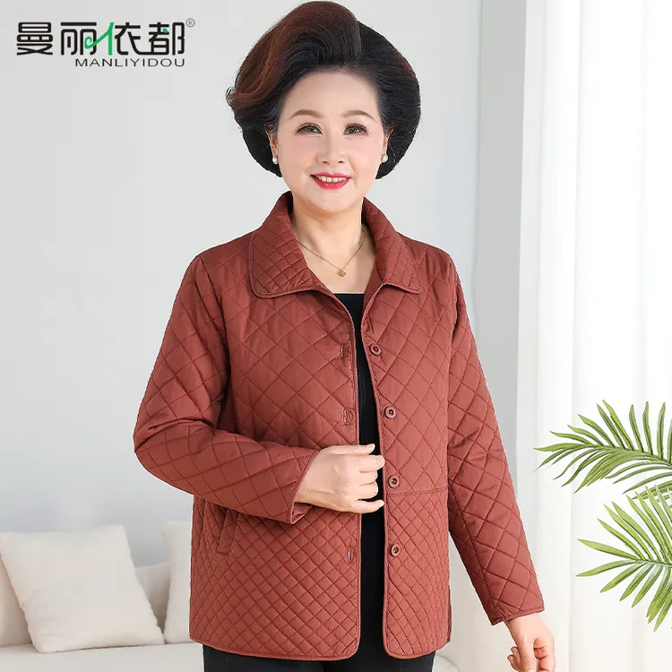 中老年秋冬夹棉外套加厚纯色时尚妈妈上衣宽松老年人衣服大码洋气