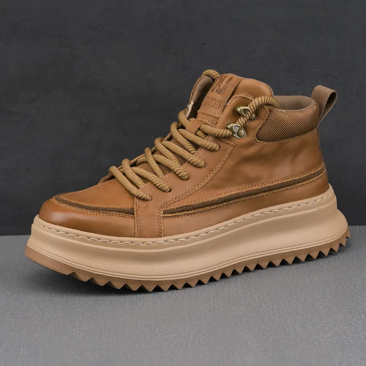 欧洲站男鞋冬新款潮鞋真皮加绒保暖男士工装鞋时尚短靴厚底松糕鞋