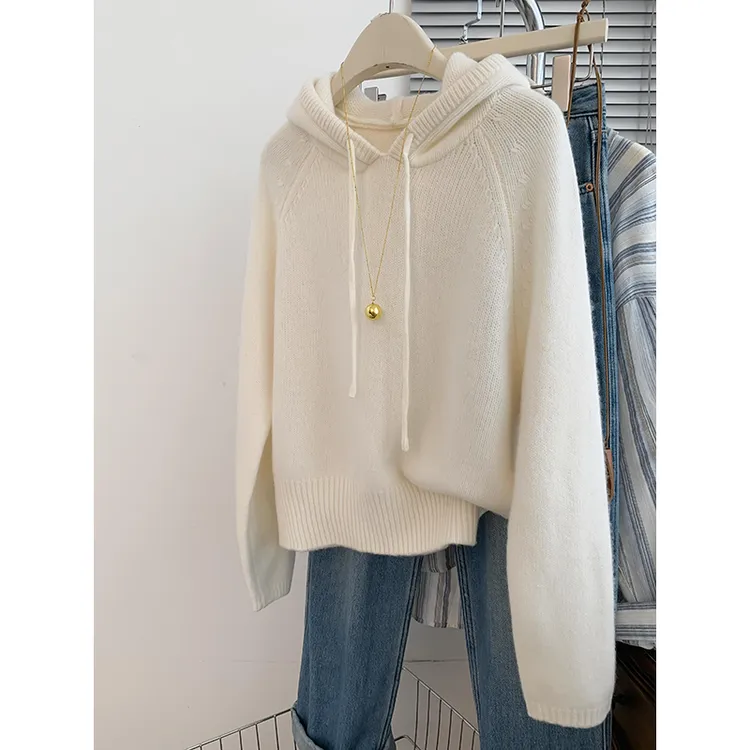白色加厚连帽显气质毛衣女冬季内搭小个子可爱帽衫慵懒风2024外穿