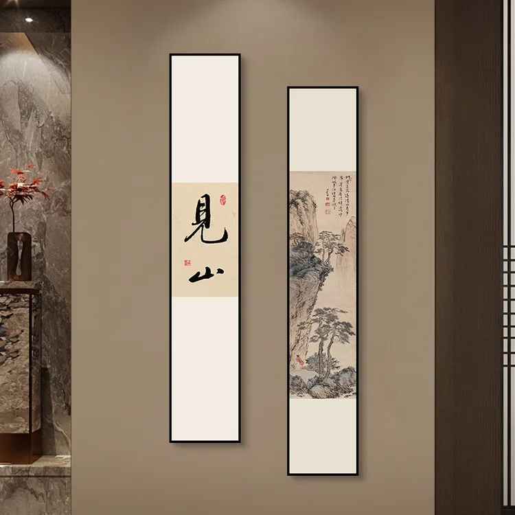 新中式玄关装饰画山水字画茶室背景墙书房走廊窄长条挂画浮雕壁画