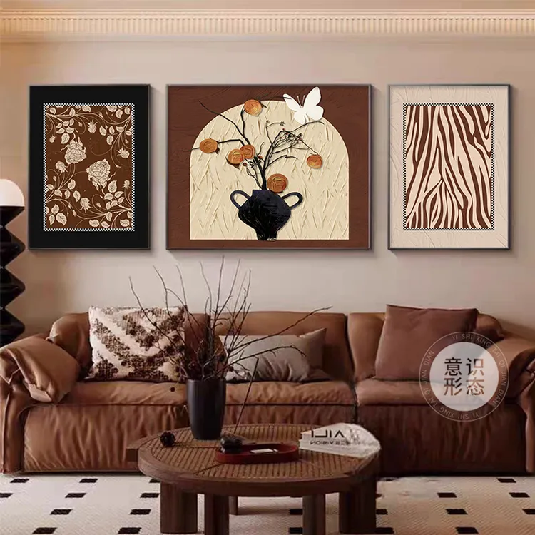 中古风客厅装饰画柿柿如意沙发背景墙挂画高级感法式复古三联壁画