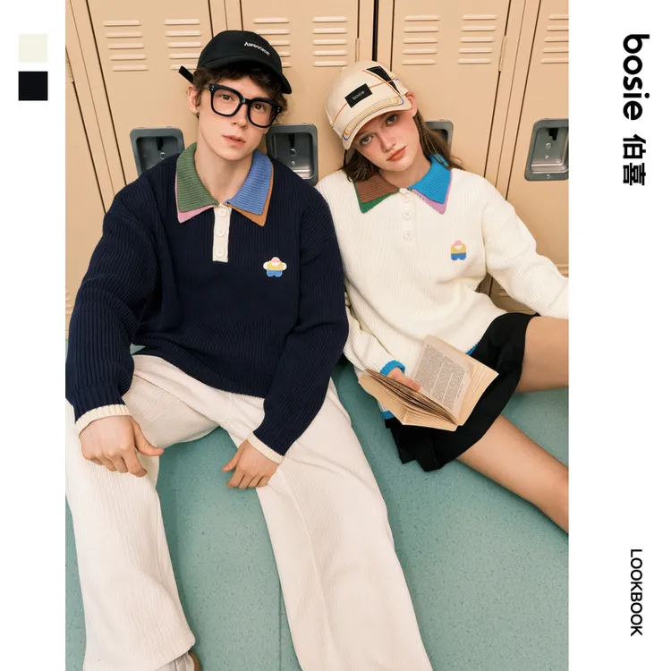 bosie伯喜秋季新款男情侣针织衫慵懒感长袖休闲百搭学院风撞色领