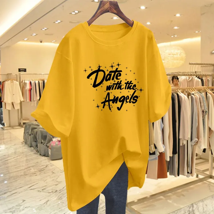 2025年夏季新款遮屁股大版黄色短袖t恤女中长款宽松纯棉上衣ins潮