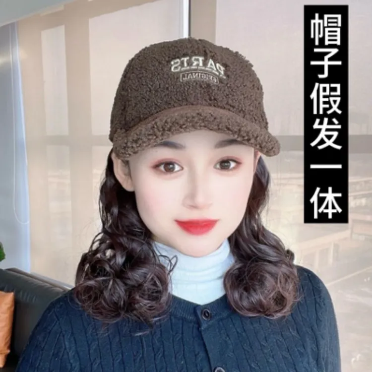 帽子假发一体女秋冬季时尚气质仿真短卷发中老年妈妈鸭舌帽全头套