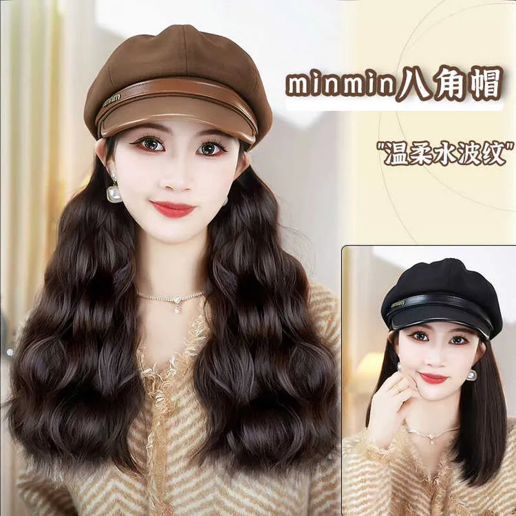 【慵懒气质】秋冬氛围字母八角短内扣帽子假发一体优雅减龄长卷发