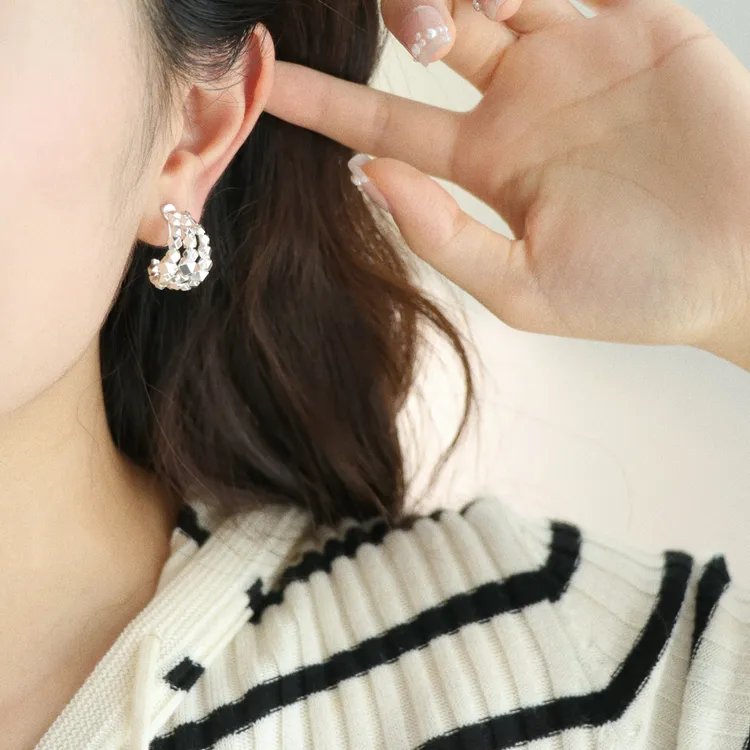 因缺斯汀饰品 铜合金耳饰 【碎银耳圈】三层碎银子耳钉无耳洞耳夹