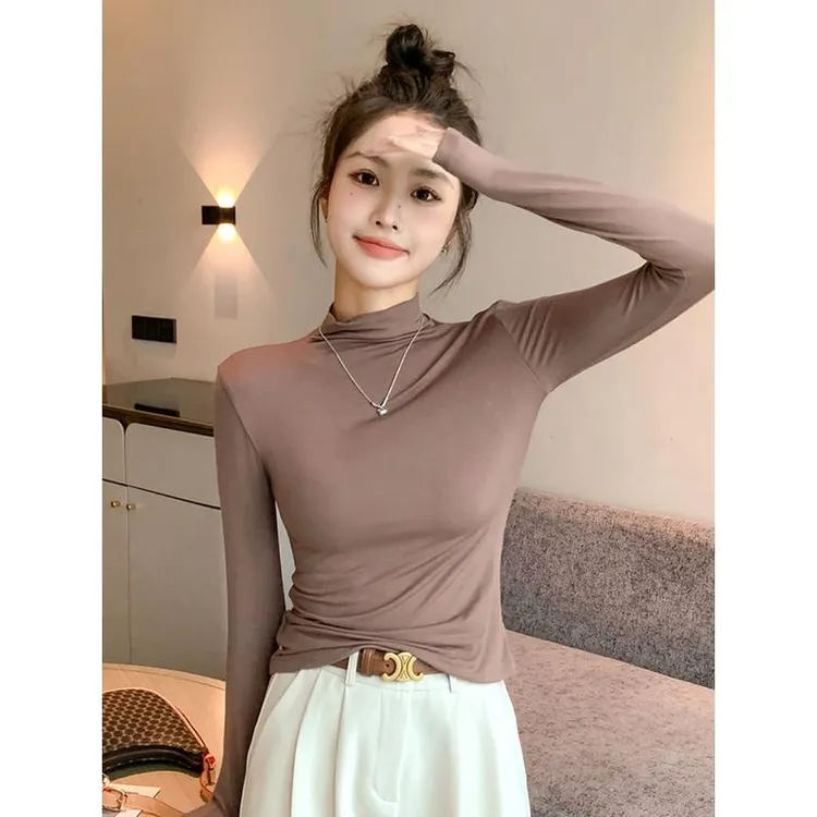 2025秋冬内搭莫代尔半高领打底衫女薄款长袖T恤百搭中领黑色上衣