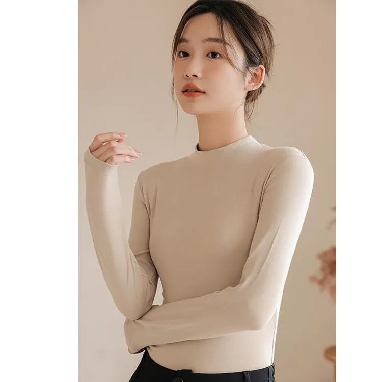 莫代尔小立领打底衫女2024春季中领半高领长袖内搭恤百搭修身上衣