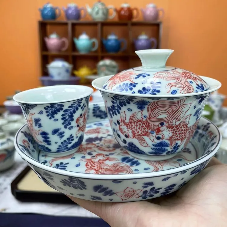 青花年年有鱼盖碗+壶承+茶杯陶瓷盖碗高档复古茶具套装釉下青花