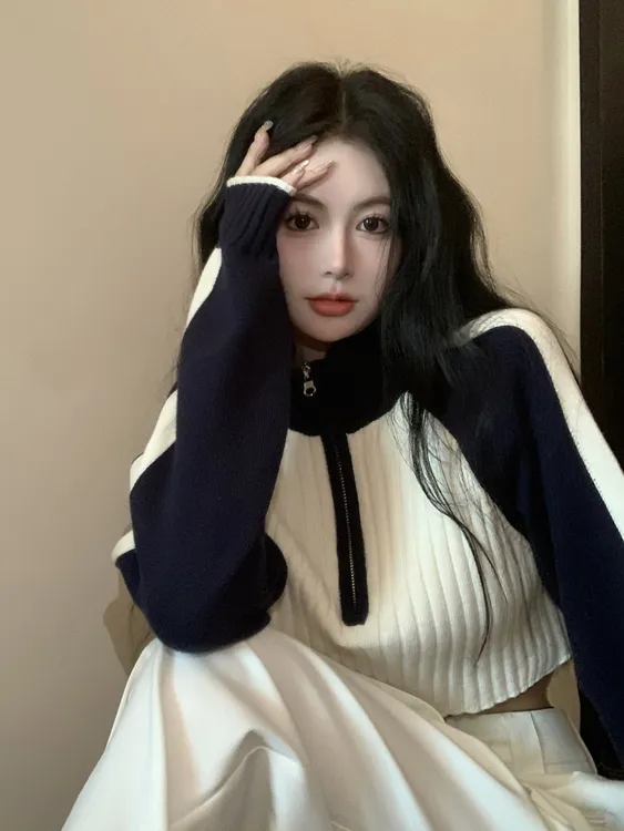 秋冬新款韩系撞色毛衣女网红小个子高腰插肩袖拉链短款针织衫上衣