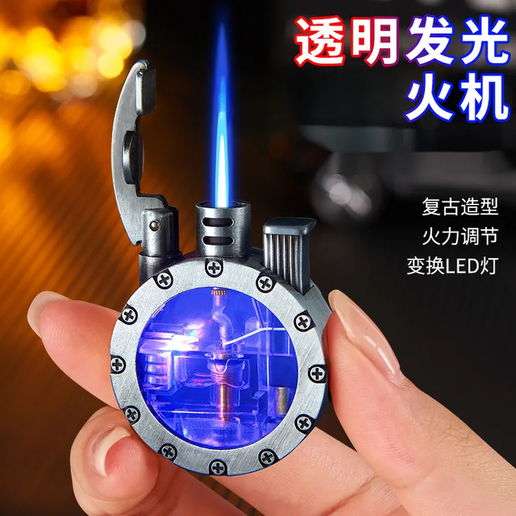 新款复古圆形防风蓝焰LED发光高颜值创意打火机透明夜光高档个性