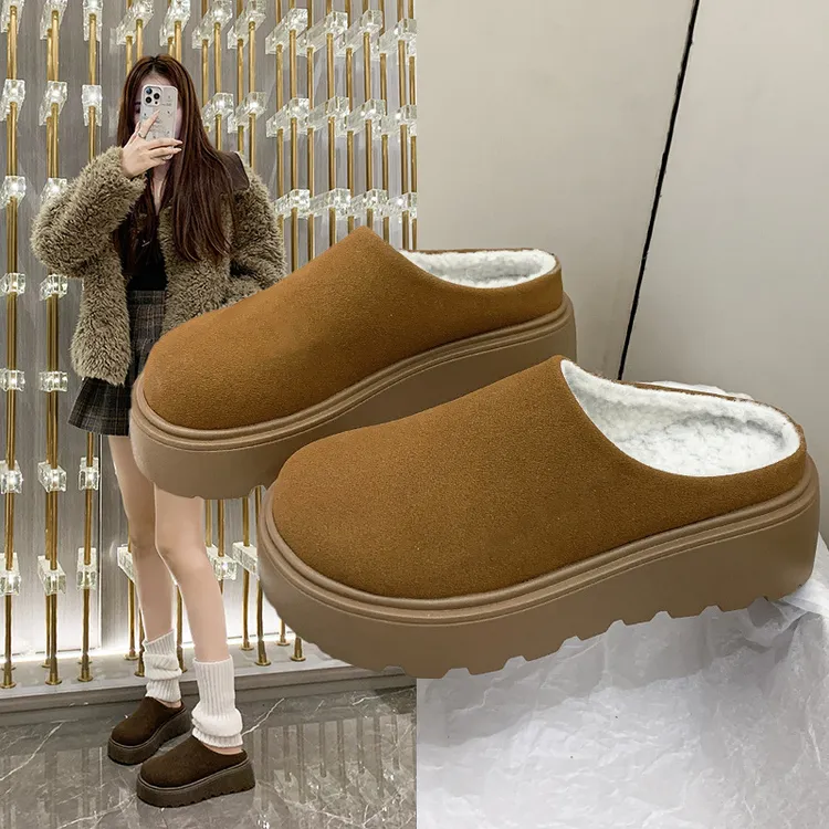 拖鞋女2024年秋冬新款包头厚底半拖鞋女圆头松糕底加绒勃肯鞋